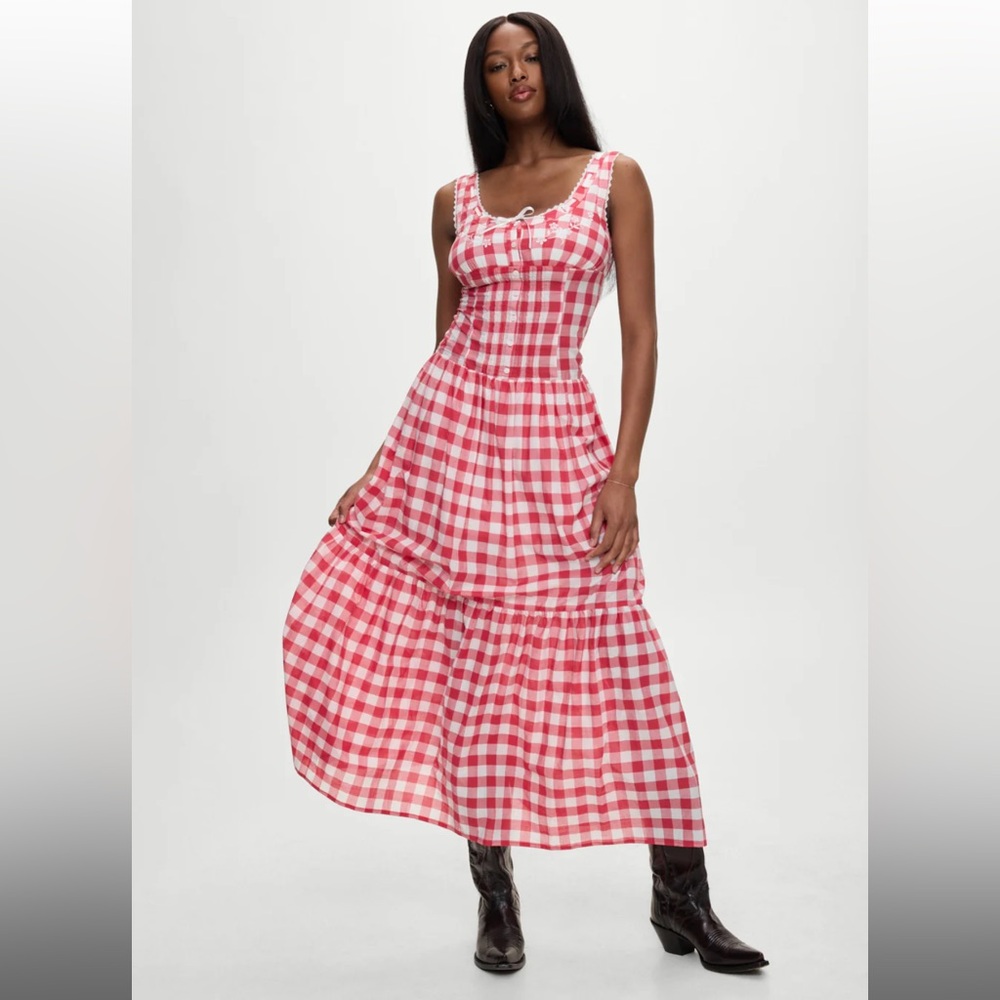 Frankie's Bikinis Red and White Gingham Maxi Dress